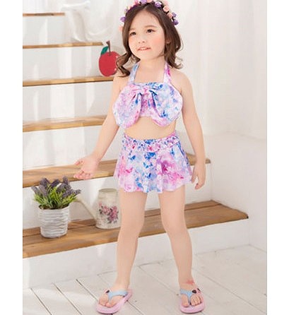 キッズ　女の子　水着　ビキニ　スカート　フレア　リボン　セパレート　ホルターネック　海　プール　スイミング　ビーチ　リゾート　マリン　海水浴　夏休み　旅行　可愛い　キュート　子供　ジュニア　パープル　S　M　L　XL　XXL　サイズ　送料無料