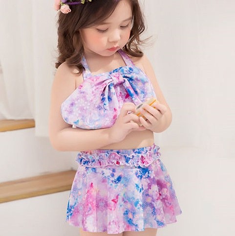 キッズ　女の子　水着　ビキニ　スカート　フレア　リボン　セパレート　ホルターネック　海　プール　スイミング　ビーチ　リゾート　マリン　海水浴　夏休み　旅行　可愛い　キュート　子供　ジュニア　パープル　S　M　L　XL　XXL　サイズ　送料無料