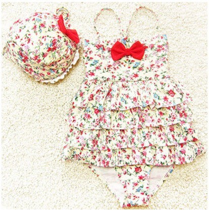 キッズ　女の子　水着　ワンピース　フレア　フリル　リボン　帽子　キャップ　海　プール　スイミング　ビーチ　リゾート　マリン　海水浴　夏休み　旅行　可愛い　キュート　子供　ジュニア　ホワイト　レッド　S　M　L　XL　XXL　サイズ　送料無料