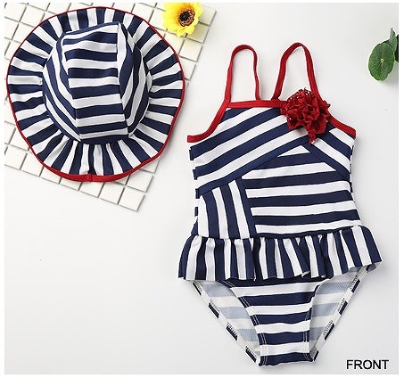 キッズ　女の子　水着　ワンピース　フリル　ボーダー　ストライプ　薔薇　帽子　ハット　海　プール　スイミング　ビーチ　リゾート　マリン　海水浴　夏休み　旅行　可愛い　キュート　子供　ジュニア　ネイビー　ホワイト　910111213サイズ　送料無料