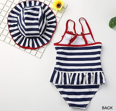 キッズ　女の子　水着　ワンピース　フリル　ボーダー　ストライプ　薔薇　帽子　ハット　海　プール　スイミング　ビーチ　リゾート　マリン　海水浴　夏休み　旅行　可愛い　キュート　子供　ジュニア　ネイビー　ホワイト　910111213サイズ　送料無料