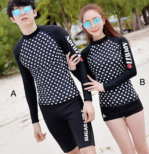 レディース　メンズ　ペアルック　水着　ラシュガード　長袖　短パンツ　海　プール　スイミング　ビーチ　リゾート　マリン　海水浴　夏休み　旅行　可愛い　キュート　女性　男性　ブラック　黒　ドット　水玉　M　L　XL　2XL　サイズ　送料無料
