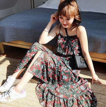 レディース　シフォン　花柄　ミモレ丈　ドレス　ワンピース　ノースリーブ　スカート　カジュアル　キュート　可愛い　フェミニン　セクシー　きれいめ　エレガント　おしゃれ　お出かけ　お呼ばれ　S　M　L　サイズ　送料無料