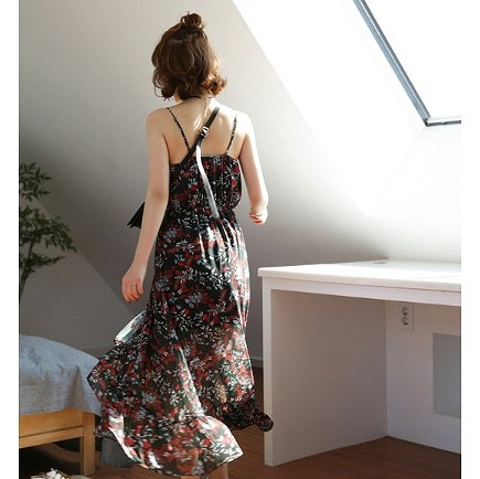 レディース　シフォン　花柄　ミモレ丈　ドレス　ワンピース　ノースリーブ　スカート　カジュアル　キュート　可愛い　フェミニン　セクシー　きれいめ　エレガント　おしゃれ　お出かけ　お呼ばれ　S　M　L　サイズ　送料無料