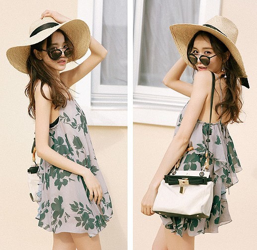 レディース　シフォン　ミニ丈　ドレス　ワンピース　ノースリーブ　フレア　キャミソール　カジュアル　キュート　可愛い　フェミニン　セクシー　きれいめ　エレガント　おしゃれ　お出かけ　お呼ばれ　グリーン　緑　S　M　L　サイズ　送料無料