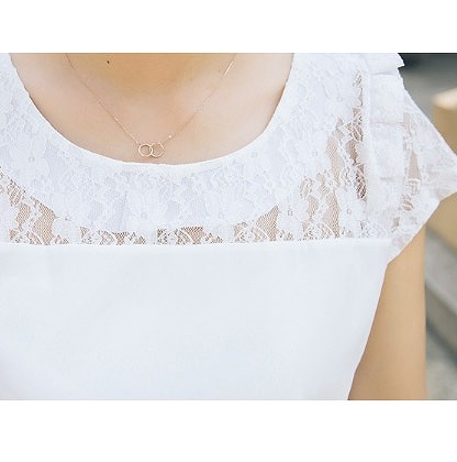レディース　シフォン　フレア　ブラウス　レース　半袖　ラウンドネック　トップス　カジュアル　キュート　可愛い　フェミニン　セクシー　きれいめ　エレガント　おしゃれ　お出かけ　お呼ばれ　ホワイト　白　S　M　L　サイズ　送料無料