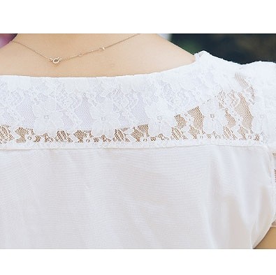 レディース　シフォン　フレア　ブラウス　レース　半袖　ラウンドネック　トップス　カジュアル　キュート　可愛い　フェミニン　セクシー　きれいめ　エレガント　おしゃれ　お出かけ　お呼ばれ　ホワイト　白　S　M　L　サイズ　送料無料