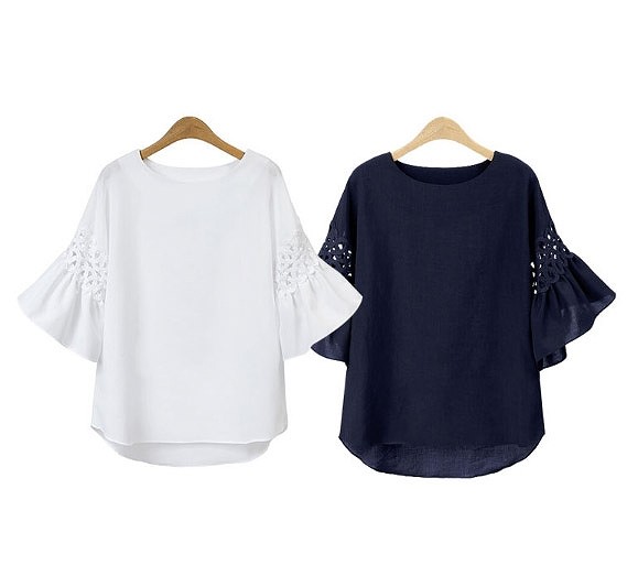 レディース　Tシャツ　ブラウス　フレアスリーブ　五分袖　ラウンドネック　トップス　カジュアル　キュート　可愛い　フェミニン　セクシー　きれいめ　エレガント　おしゃれ　ホワイト　ネイビー　白　紺色　M　L　XL　2XL　3XL　大きいサイズ　サイズ　送料無料