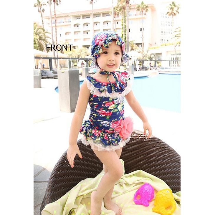 キッズ　女の子　水着　花柄　ワンピース　帽子　セット　レース　フレア　キャップ　韓国　海　プール　スイミング　ビーチ　リゾート　マリン　海水浴　夏休み　旅行　可愛い　キュート　子供　ジュニア　ブルー　ピンク　M　L　XL　サイズ　送料無料
