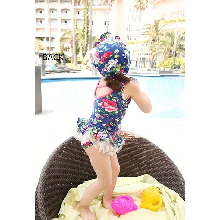 キッズ　女の子　水着　花柄　ワンピース　帽子　セット　レース　フレア　キャップ　韓国　海　プール　スイミング　ビーチ　リゾート　マリン　海水浴　夏休み　旅行　可愛い　キュート　子供　ジュニア　ブルー　ピンク　M　L　XL　サイズ　送料無料