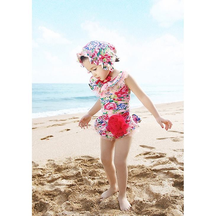 キッズ　女の子　水着　花柄　ワンピース　帽子　セット　レース　フレア　キャップ　韓国　海　プール　スイミング　ビーチ　リゾート　マリン　海水浴　夏休み　旅行　可愛い　キュート　子供　ジュニア　ブルー　ピンク　M　L　XL　サイズ　送料無料