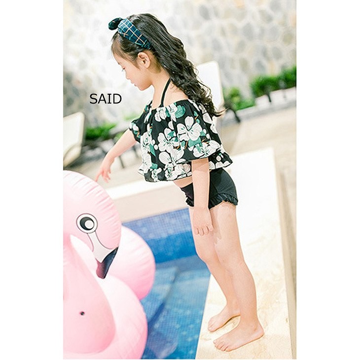 キッズ　女の子　水着　ビキニ　ホルターネック　花柄　オフショルダー　ブラウス　3点セット　海　プール　スイミング　ビーチ　リゾート　マリン　海水浴　夏休み　旅行　可愛い　キュート　子供　ジュニア　ブラック　黒　S　M　L　XL　サイズ　送料無料