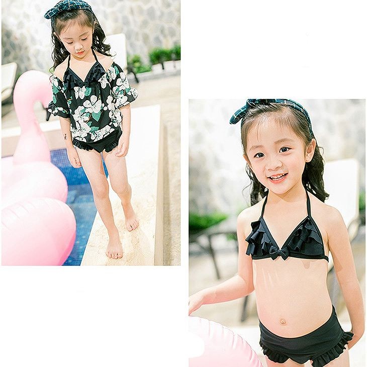 キッズ　女の子　水着　ビキニ　ホルターネック　花柄　オフショルダー　ブラウス　3点セット　海　プール　スイミング　ビーチ　リゾート　マリン　海水浴　夏休み　旅行　可愛い　キュート　子供　ジュニア　ブラック　黒　S　M　L　XL　サイズ　送料無料