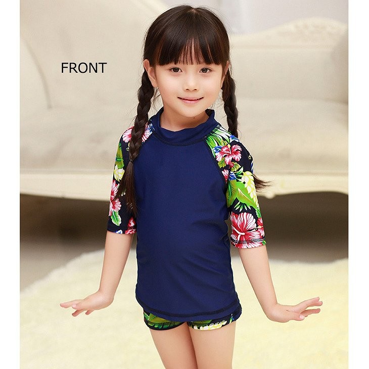 キッズ　女の子　水着　ラッシュガード　5分袖　花柄　短パン　ラグランスリーブ　韓国　海　プール　スイミング　ビーチ　リゾート　マリン　海水浴　夏休み　旅行　可愛い　キュート　子供　ジュニア　ブルー　ピンク　青　S　M　L　XL　サイズ　送料無料
