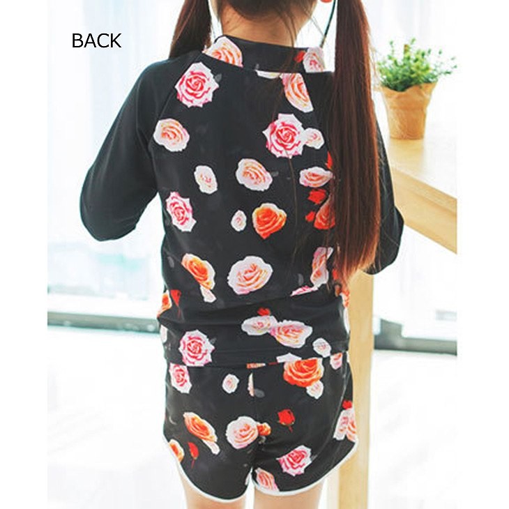 キッズ　女の子　水着　ラッシュガード　長袖　花柄　短パン　ラグランスリーブ　韓国　海　プール　スイミング　ビーチ　リゾート　マリン　海水浴　夏休み　旅行　可愛い　キュート　子供　ジュニア　ブラック　黒　S　M　L　XL　サイズ　送料無料