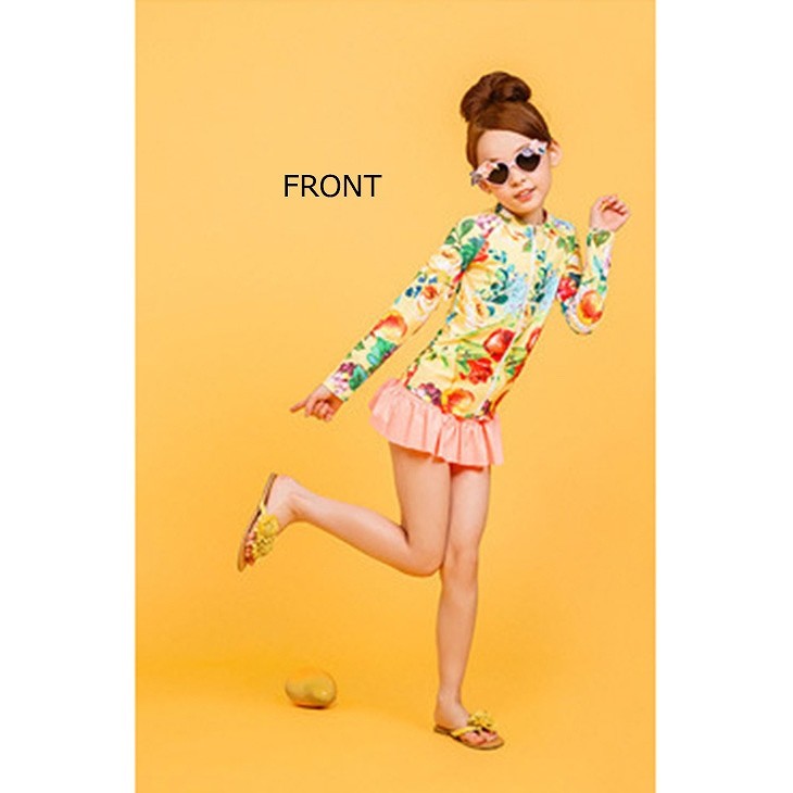 キッズ　女の子　水着　ラッシュガード　日焼け防止　長袖　スカート　花柄　韓国　海　プール　スイミング　ビーチ　リゾート　マリン　海水浴　夏休み　旅行　可愛い　キュート　子供　ジュニア　ホワイト　イエロー　白　黄色　S　M　L　XL　サイズ　送料無料