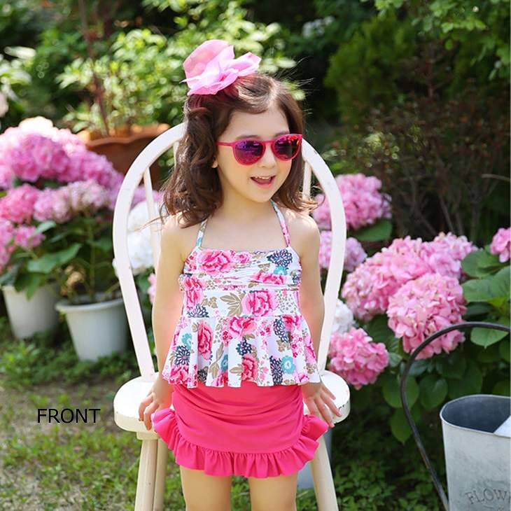 キッズ　女の子　水着　フレア　キャミソール　パンツ　帽子　3点セット　花柄　ホルターネック　海　プール　スイミング　ビーチ　リゾート　マリン　海水浴　夏休み　旅行　可愛い　キュート　子供　ジュニア　レッド　ピンク　910111213サイズ　送料無料