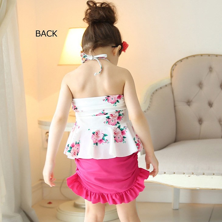 キッズ　女の子　水着　フレア　キャミソール　パンツ　帽子　3点セット　花柄　ホルターネック　海　プール　スイミング　ビーチ　リゾート　マリン　海水浴　夏休み　旅行　可愛い　キュート　子供　ジュニア　レッド　ピンク　910111213サイズ　送料無料