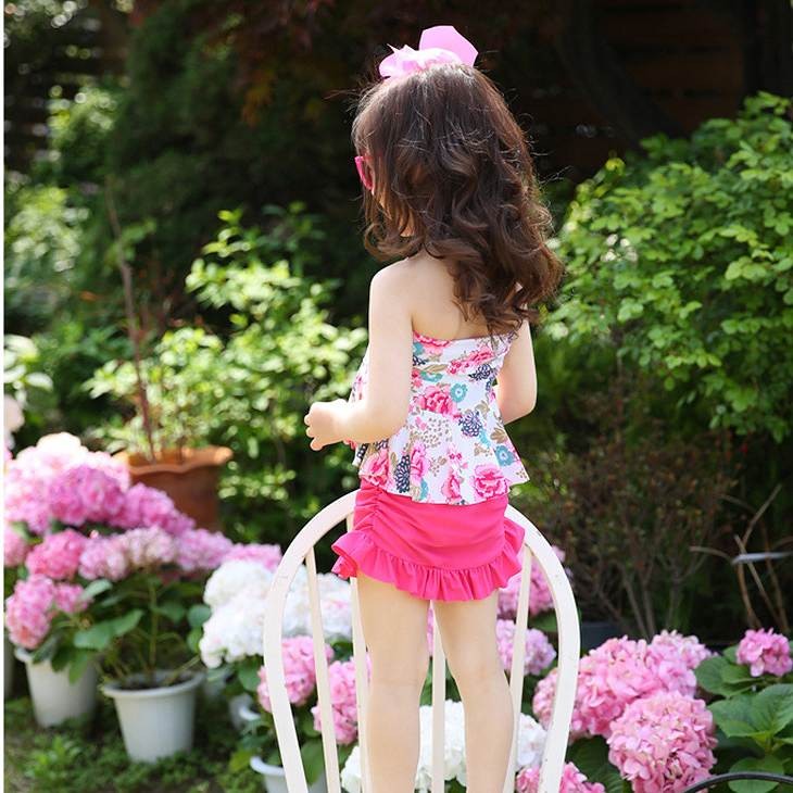 キッズ　女の子　水着　フレア　キャミソール　パンツ　帽子　3点セット　花柄　ホルターネック　海　プール　スイミング　ビーチ　リゾート　マリン　海水浴　夏休み　旅行　可愛い　キュート　子供　ジュニア　レッド　ピンク　910111213サイズ　送料無料