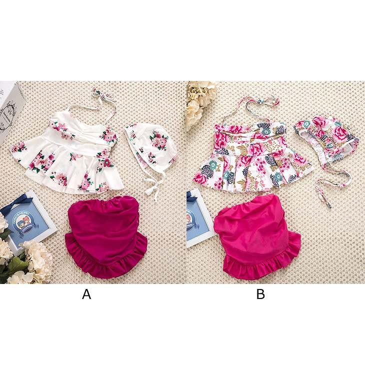 キッズ　女の子　水着　フレア　キャミソール　パンツ　帽子　3点セット　花柄　ホルターネック　海　プール　スイミング　ビーチ　リゾート　マリン　海水浴　夏休み　旅行　可愛い　キュート　子供　ジュニア　レッド　ピンク　910111213サイズ　送料無料