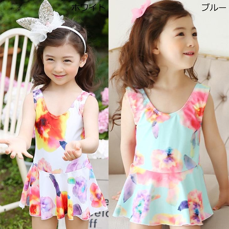 キッズ　女の子　水着　ワンピース　花柄　ノースリーブ　スカート　フレア　韓国　海　プール　スイミング　ビーチ　リゾート　マリン　海水浴　夏休み　旅行　可愛い　キュート　子供　ジュニア　レッド　ピンク　9101112131415サイズ　送料無料