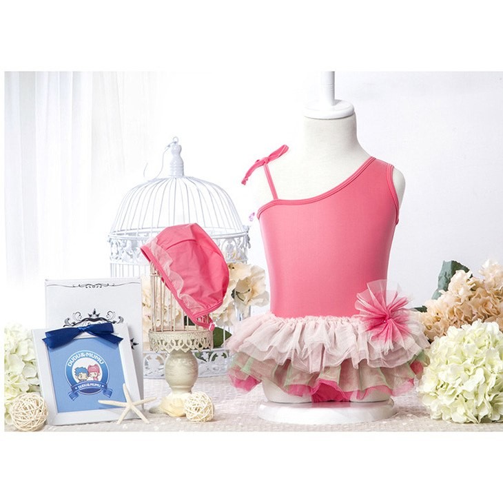 キッズ　女の子　水着　ワンピース　レース　花　ワンショルダー　スカート　フレア　海　プール　スイミング　ビーチ　リゾート　マリン　海水浴　夏休み　旅行　可愛い　キュート　子供　ジュニア　ピンク　910111213サイズ　送料無料