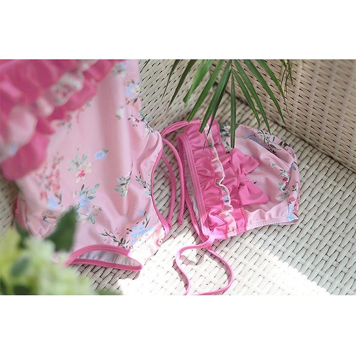 レディース　キッズ　親子　ペアルック　水着　ワンピース　フリル　女の子　海　プール　スイミング　ビーチ　リゾート　マリン　海水浴　夏休み　旅行　可愛い　キュート　女性　子供　ピンク　95　1011121314M　L　XL　サイズ　送料無料