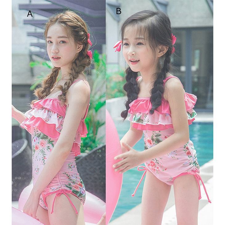 レディース　キッズ　親子　ペアルック　水着　ワンピース　フリル　女の子　海　プール　スイミング　ビーチ　リゾート　マリン　海水浴　夏休み　旅行　可愛い　キュート　女性　子供　ピンク　95　1011121314M　L　XL　サイズ　送料無料