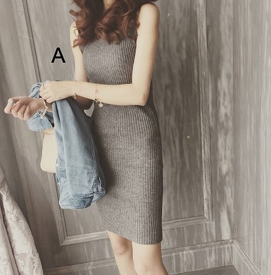 レディース　ニットワンピース　タンクトップ　スリム　ドレス　タイト　カジュアル　キュート　可愛い　フェミニン　セクシー　きれいめ　エレガント　おしゃれ　お出かけ　お呼ばれ　ブラック　グレー　ピンク　グリーン　ホワイト　フリーサイズ　ワンサイズ　送料無料