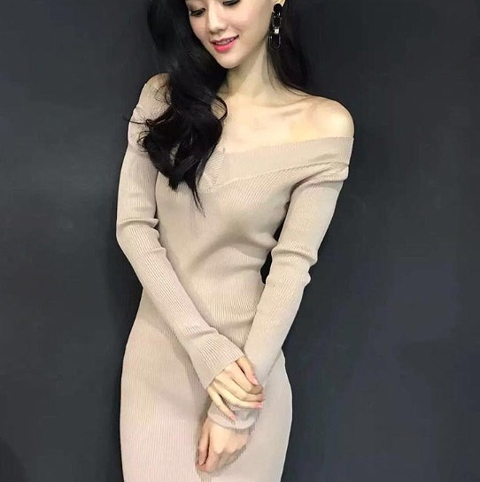 レディース　ニットワンピース　Vネック　スリム　長袖　ドレス　タイト　カジュアル　キュート　可愛い　フェミニン　セクシー　きれいめ　エレガント　おしゃれ　お出かけ　お呼ばれ　ベージュ　ブラック　黒色　S　M　L　XL　サイズ　送料無料