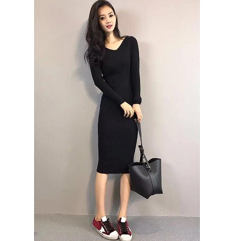 レディース　ニットワンピース　Vネック　スリム　長袖　ドレス　タイト　カジュアル　キュート　可愛い　フェミニン　セクシー　きれいめ　エレガント　おしゃれ　お出かけ　お呼ばれ　ベージュ　ブラック　黒色　S　M　L　XL　サイズ　送料無料