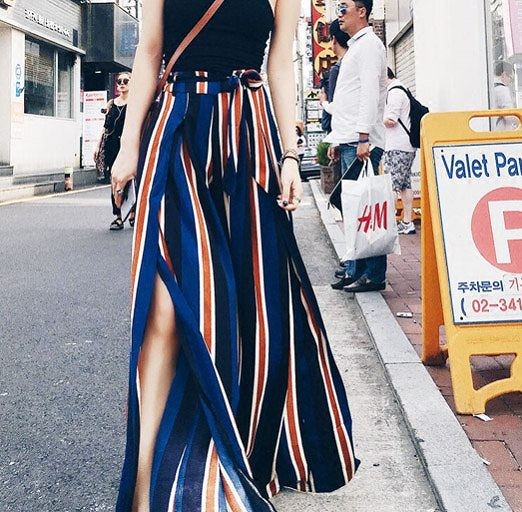 レディース　ストライプ　ワイドレッグパンツ　スリット　ビーチ　ハイウエスト　ボトムス　カジュアル　キュート　可愛い　フェミニン　セクシー　きれいめ　エレガント　おしゃれ　お出かけ　お呼ばれ　ネイビー　ブルー　S　M　L　XL　サイズ　送料無料