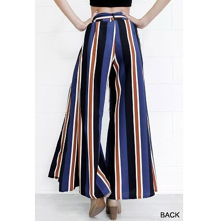 レディース　ストライプ　ワイドレッグパンツ　スリット　ビーチ　ハイウエスト　ボトムス　カジュアル　キュート　可愛い　フェミニン　セクシー　きれいめ　エレガント　おしゃれ　お出かけ　お呼ばれ　ネイビー　ブルー　S　M　L　XL　サイズ　送料無料