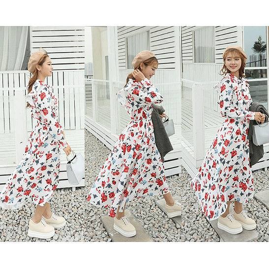 レディース　マキシ丈　ロング丈　ワンピース　フレア　フリル　長袖　花柄　カジュアル　キュート　可愛い　フェミニン　セクシー　きれいめ　上品　エレガント　おしゃれ　お出かけ　お呼ばれ　ホワイト　白色　S　M　サイズ　送料無料