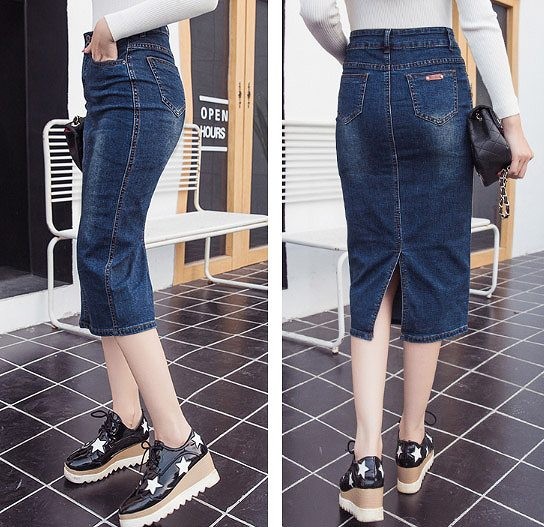 レディース　ミモレ丈　ミディ丈　デニム　スカート　ペンシルスカート　ハイウエスト　ボトムス　カジュアル　キュート　可愛い　フェミニン　きれいめ　エレガント　セクシー　上品　おしゃれ　お出かけ　お呼ばれ　ブルー　ブラック　青色　黒　送料無料