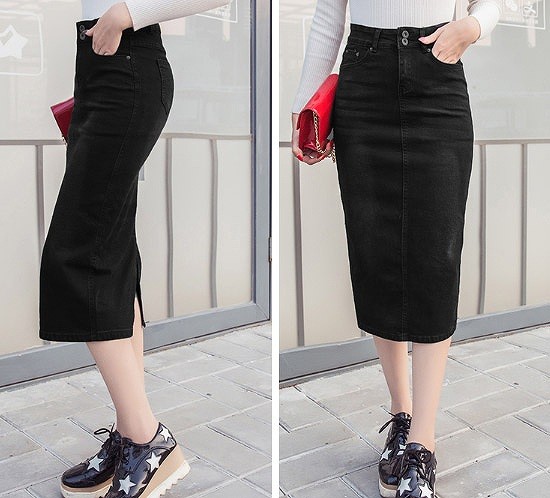 レディース　ミモレ丈　ミディ丈　デニム　スカート　ペンシルスカート　ハイウエスト　ボトムス　カジュアル　キュート　可愛い　フェミニン　きれいめ　エレガント　セクシー　上品　おしゃれ　お出かけ　お呼ばれ　ブルー　ブラック　青色　黒　送料無料