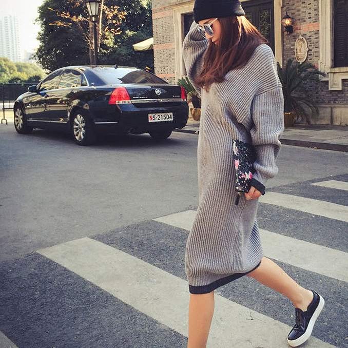 レディース　ニットワンピース　セーター　ミモレ丈　ゆったり　ラウンドネック　トップス　ボトムス　カジュアル　キュート　可愛い　フェミニン　セクシー　きれいめ　エレガント　おしゃれ　お出かけ　お呼ばれ　グレー　灰色　S　M　L　XL　サイズ　送料無料