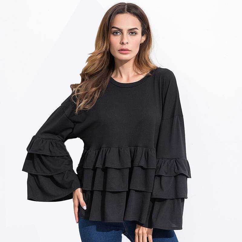レディース　ティアード　ブラウス　フレアスリーブ　ラウンドネック　長袖　ロングスリーブ　　シャツ　トップス　カジュアル　キュート　可愛い　フェミニン　セクシー　おしゃれ　お出かけ　ブラック　黒　S　M　L　XL　サイズ　送料無料