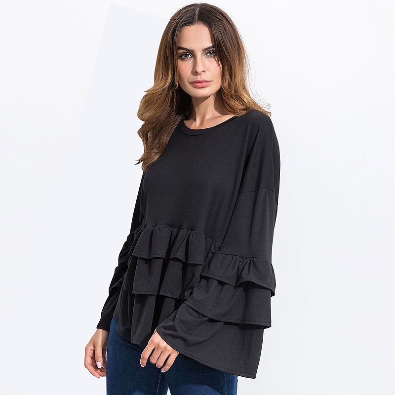 レディース　ティアード　ブラウス　フレアスリーブ　ラウンドネック　長袖　ロングスリーブ　　シャツ　トップス　カジュアル　キュート　可愛い　フェミニン　セクシー　おしゃれ　お出かけ　ブラック　黒　S　M　L　XL　サイズ　送料無料