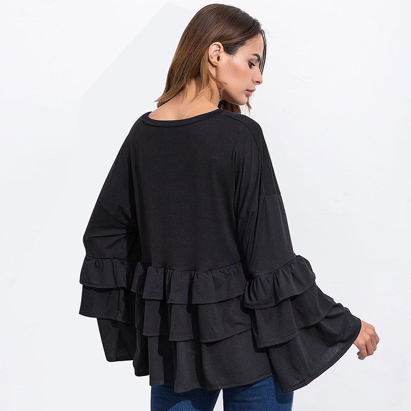 レディース　ティアード　ブラウス　フレアスリーブ　ラウンドネック　長袖　ロングスリーブ　　シャツ　トップス　カジュアル　キュート　可愛い　フェミニン　セクシー　おしゃれ　お出かけ　ブラック　黒　S　M　L　XL　サイズ　送料無料