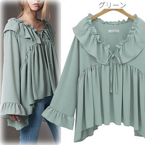 レディース　シフォン　Vネック　長袖　フリル　リボン　ロングスリーブ　トップス　カジュアル　キュート　可愛い　フェミニン　エレガント　おしゃれ　お出かけ　お呼ばれ　グリーン　ブラック　緑色　黒　M　L　XL　2XL　3XL　4XL　5XL　大きいサイズ　送料無料