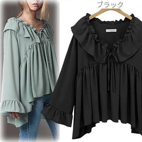 レディース　シフォン　Vネック　長袖　フリル　リボン　ロングスリーブ　トップス　カジュアル　キュート　可愛い　フェミニン　エレガント　おしゃれ　お出かけ　お呼ばれ　グリーン　ブラック　緑色　黒　M　L　XL　2XL　3XL　4XL　5XL　大きいサイズ　送料無料