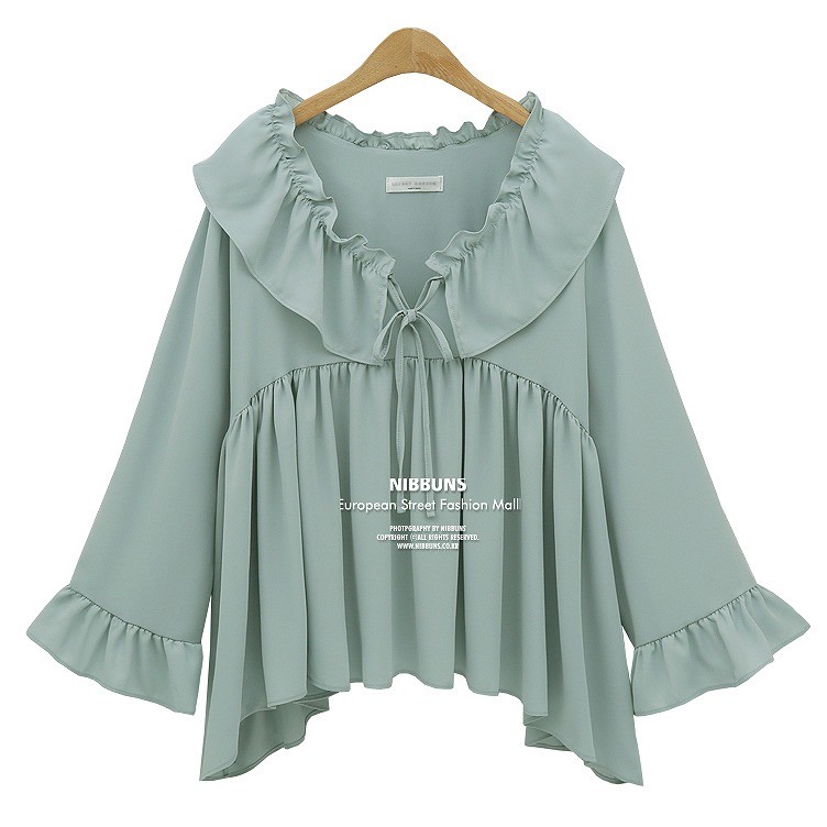 レディース　シフォン　Vネック　長袖　フリル　リボン　ロングスリーブ　トップス　カジュアル　キュート　可愛い　フェミニン　エレガント　おしゃれ　お出かけ　お呼ばれ　グリーン　ブラック　緑色　黒　M　L　XL　2XL　3XL　4XL　5XL　大きいサイズ　送料無料