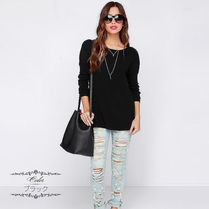 レディース　背中あき　長袖　ラウンドネック　ロングスリーブ　トップス　カジュアル　キュート　可愛い　フェミニン　エレガント　おしゃれ　お出かけ　お呼ばれ　ブラック　ネイビー　ワインレッド　ライトグレー　黒　紺色　灰色　S　M　L　XL　サイズ　送料無料