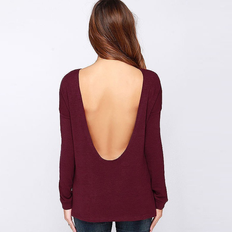 レディース　背中あき　長袖　ラウンドネック　ロングスリーブ　トップス　カジュアル　キュート　可愛い　フェミニン　エレガント　おしゃれ　お出かけ　お呼ばれ　ブラック　ネイビー　ワインレッド　ライトグレー　黒　紺色　灰色　S　M　L　XL　サイズ　送料無料