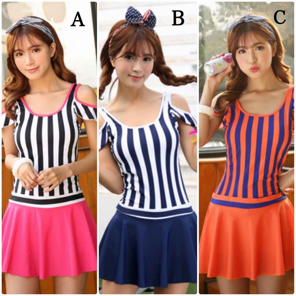 レディース　水着　ワンピース　ストライプ　ショルダーカット　スカート　フレア　海　プール　スイミング　ビーチ　リゾート　マリン　海水浴　夏休み　旅行　可愛い　キュート　セクシー　女性　オレンジ　ネイビー　ピンク　橙色　紺　M　L　XL　サイズ　送料無料