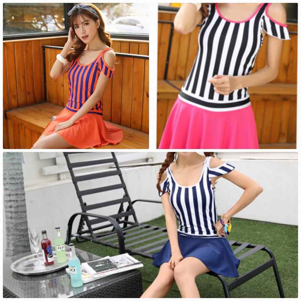 レディース　水着　ワンピース　ストライプ　ショルダーカット　スカート　フレア　海　プール　スイミング　ビーチ　リゾート　マリン　海水浴　夏休み　旅行　可愛い　キュート　セクシー　女性　オレンジ　ネイビー　ピンク　橙色　紺　M　L　XL　サイズ　送料無料