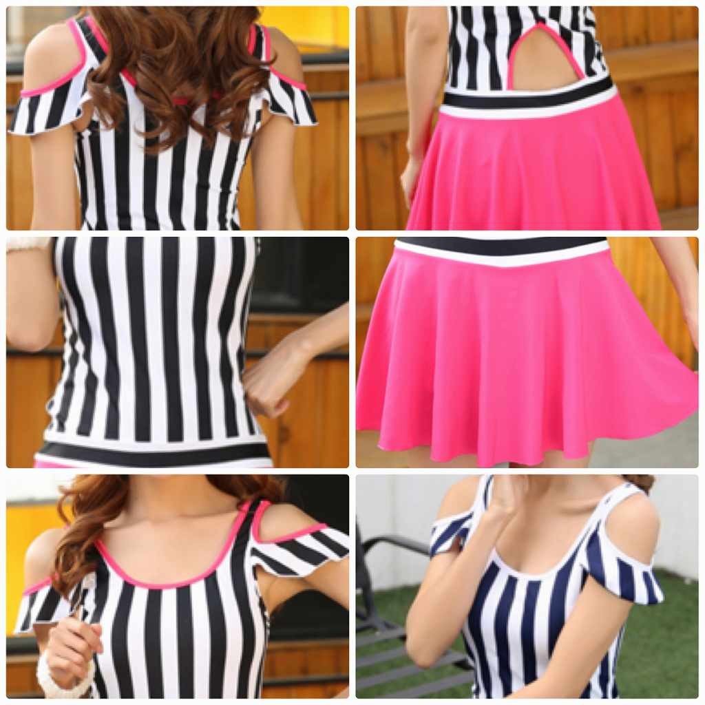 レディース　水着　ワンピース　ストライプ　ショルダーカット　スカート　フレア　海　プール　スイミング　ビーチ　リゾート　マリン　海水浴　夏休み　旅行　可愛い　キュート　セクシー　女性　オレンジ　ネイビー　ピンク　橙色　紺　M　L　XL　サイズ　送料無料