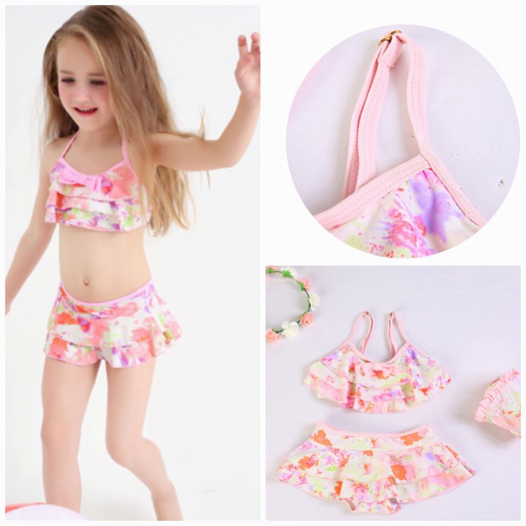 キッズ　女の子　水着　ビキニ　セパレート型　花柄　フリル　海　プール　スイミング　ビーチ　リゾート　マリン　海水浴　夏休み　旅行　可愛い　キュート　子供　ジュニア　ピンク　ブルー　水色　S　M　L　XL　XXL　サイズ　送料無料
