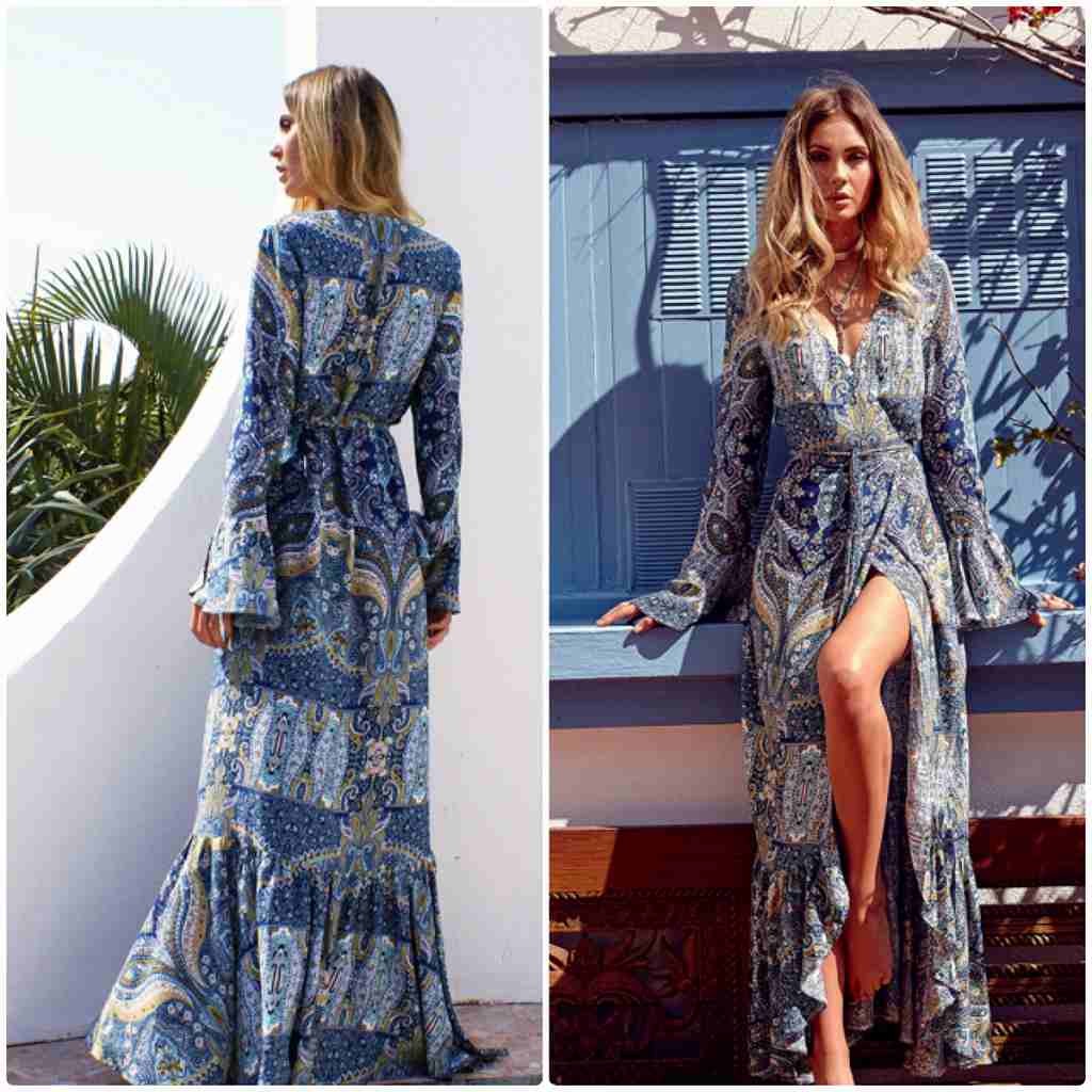 レディース　マキシ丈　ロング丈　ワンピース　スリット　長袖　ビーチ　海　カジュアル　キュート　可愛い　フェミニン　セクシー　きれいめ　上品　エレガント　おしゃれ　お出かけ　お呼ばれ　ブルー　青色　3XL　大きいサイズ　フリーサイズ　ワンサイズ　送料無料